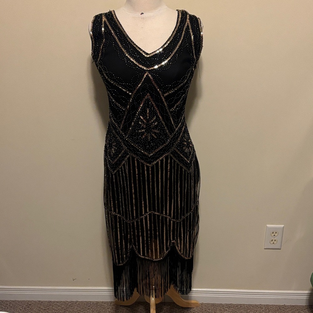 NWT Babeyond Black Beaded Flapper Dress with Fringe Size Large